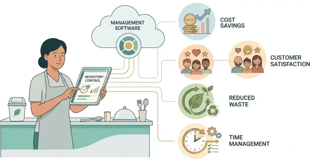 Restaurant moderne utilisant un logiciel de gestion pour réduire les pertes de stock et limiter le gaspillage alimentaire au Maroc.